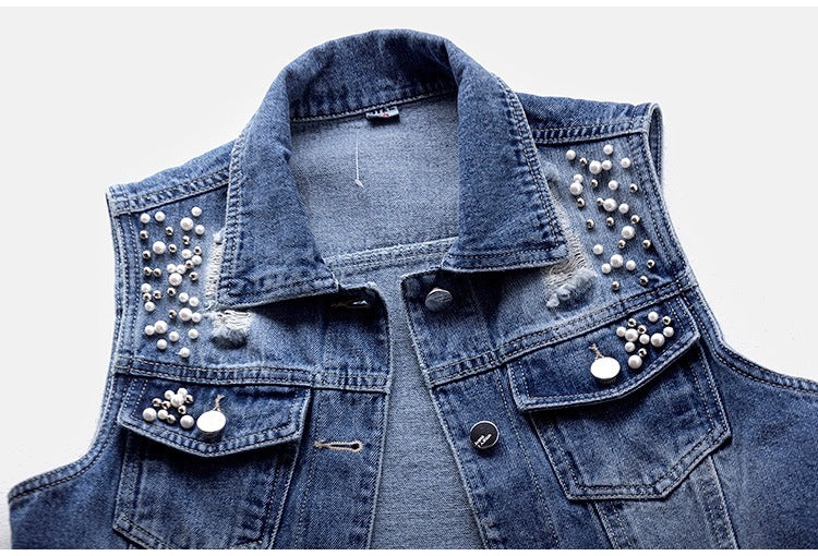 Women's jacket denim ripped luxury pearls elegant sleeveless large size