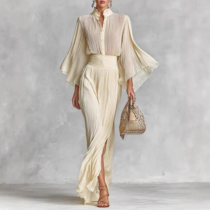 Women’s Sets Two-Piece Elegant Pleated Wide Sleeve Shirt and Maxi Skirt