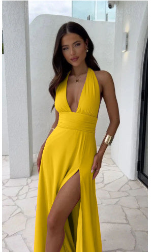Elegant backless V-neck maxi dress sexy high slit for women