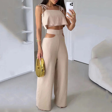 Women's Sets Elegant Two Piece Sleeveless Lace Up High Waist Wide Leg Pants