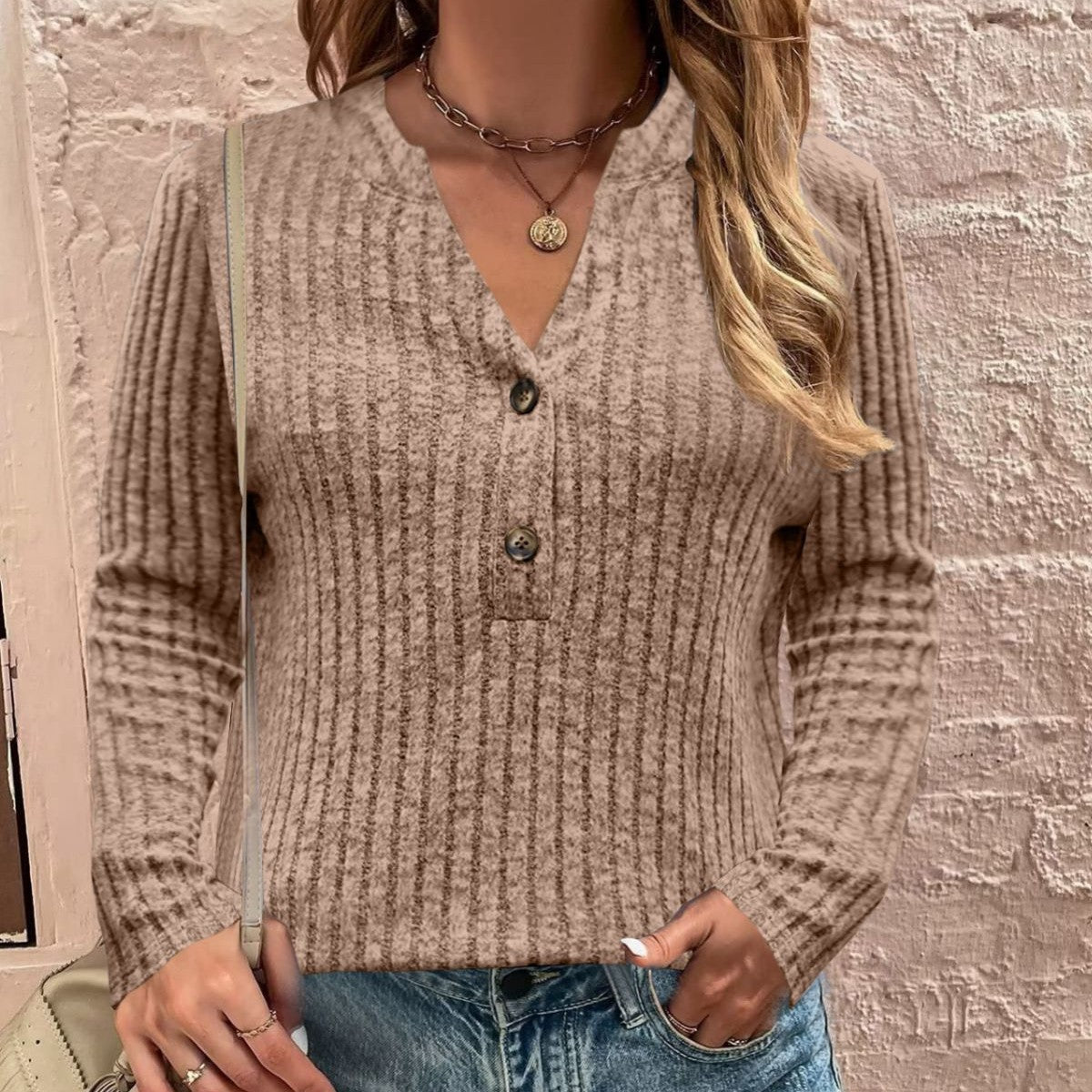 Women's sweater knitted fitted, sunken stripes, long sleeves, V-neck