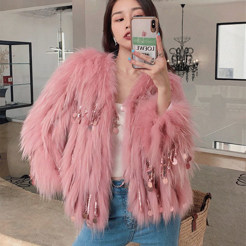 Women's coat in fox fur with beaded fringes elegant versatile