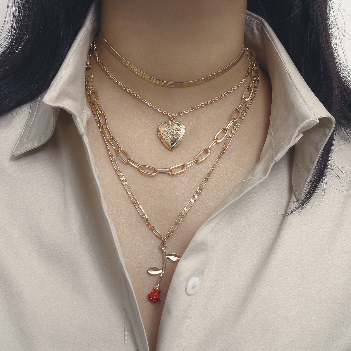 Women's Necklace multilayer adjustable geometric  peach heart