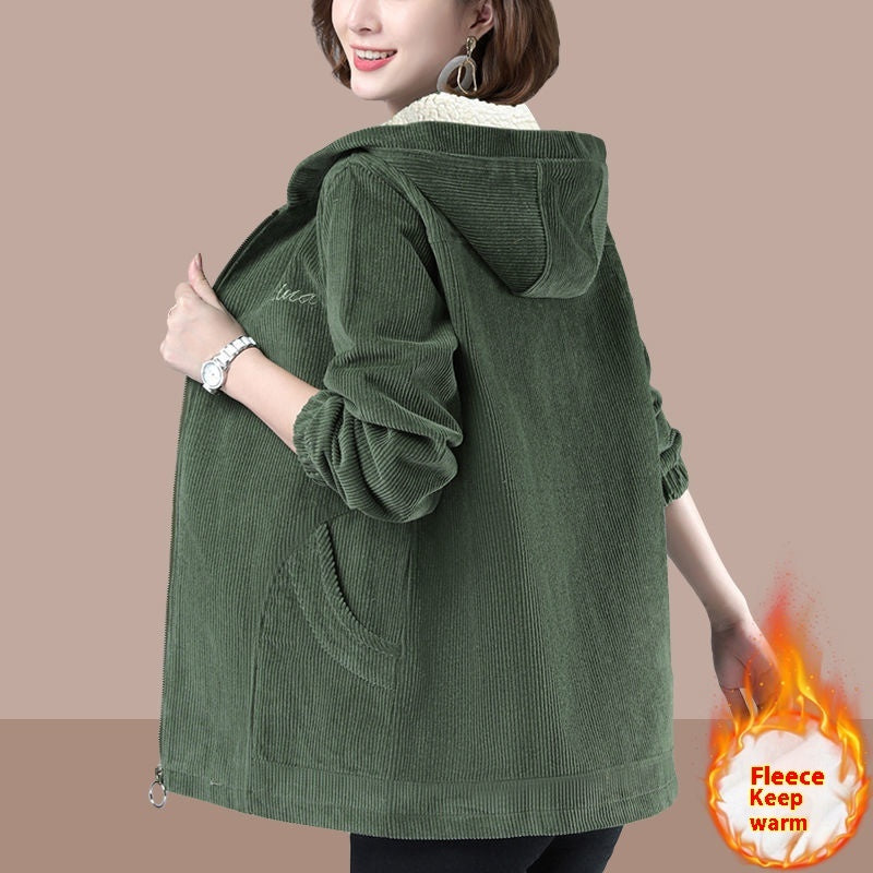 Women's coat corduroy thick fleece lined elegant hooded warm