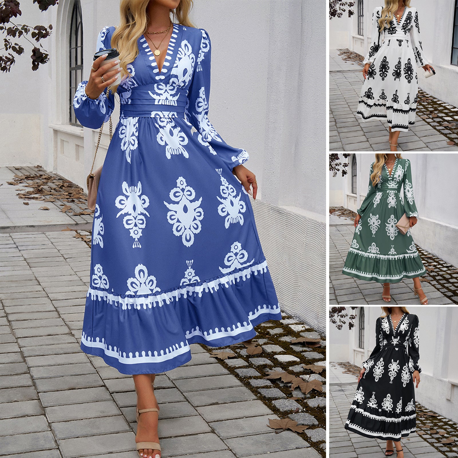 Women's maxi dress printed with ruffles elegant lantern sleeves