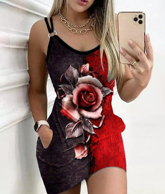 Women's mini dress matching pockets, casual, straight and printed