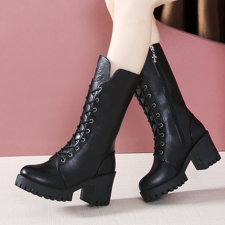 Women's Boots  Mid-height elegant high heels, round head with crossed strap