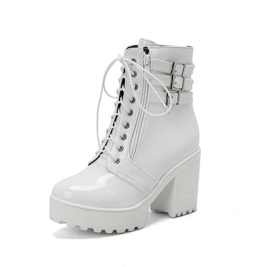 Acheter blanc Bottines élégantes pour femmes style britannique talon haut épais et bout rond