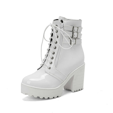 Buy white Women's Ankle Boots elegant British Style Chunky High Heel Round Toe