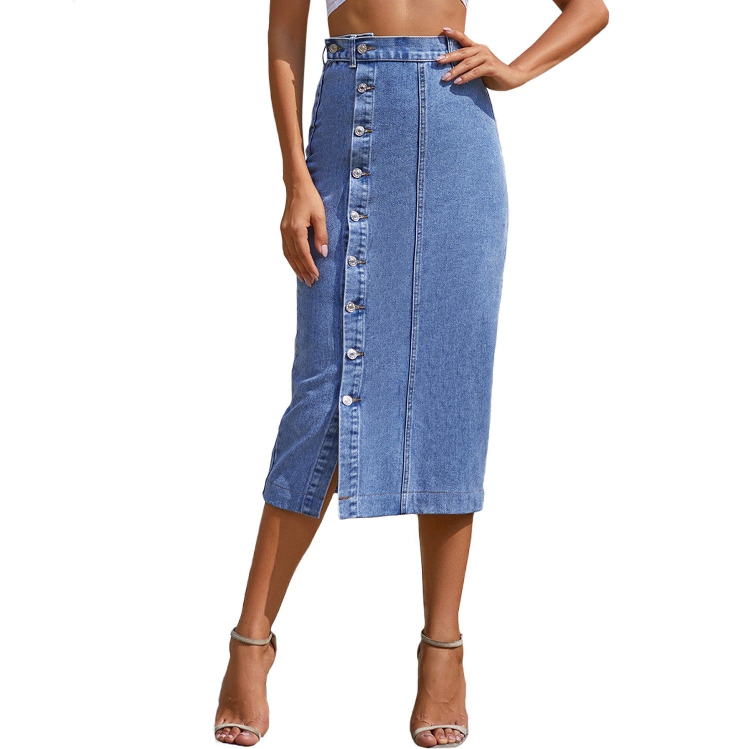 Women's skirt in denim with buttons elegant high waist split