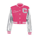 Women's jacket elegant metallic with letter embroidery in patchwork