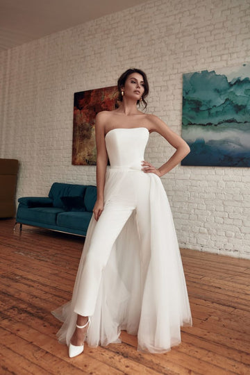 Women's Wedding Jumpsuit Elegant Satin Strapless Backless Tulle Skirt