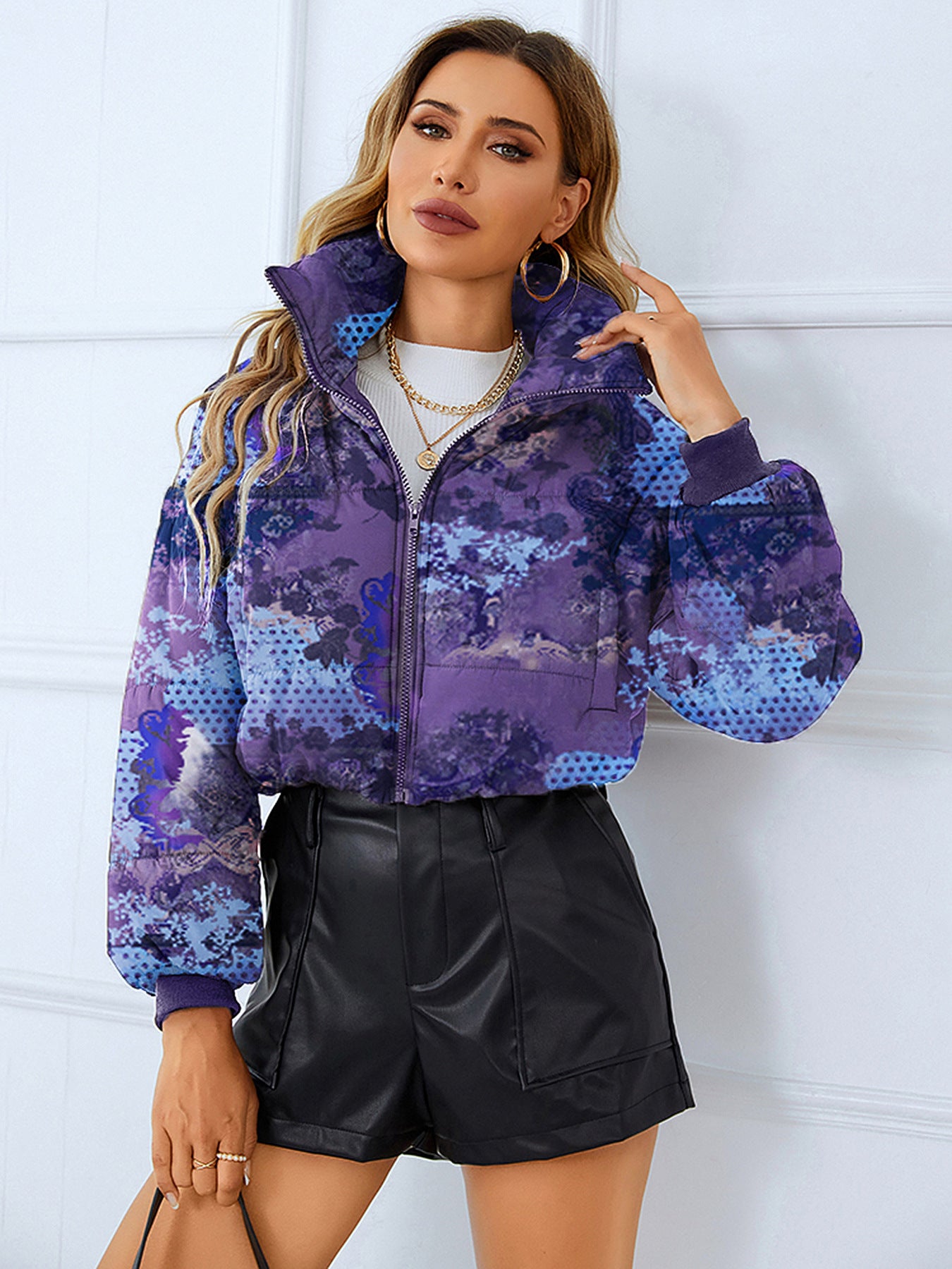 Women's jacket short puffy padded elegant high collar flower print