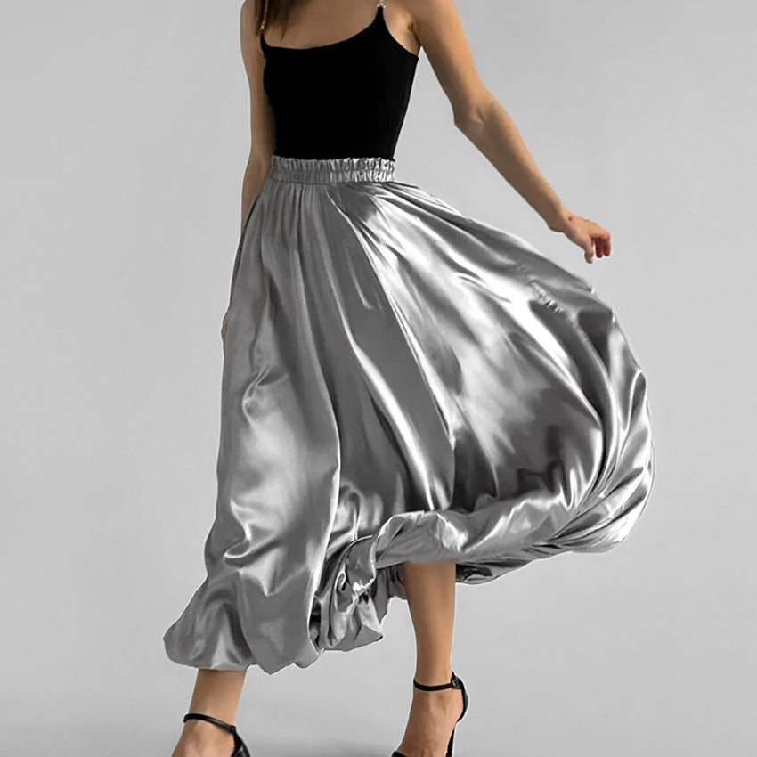 Women's long skirt pleated elastic metallic silver bubble balloon