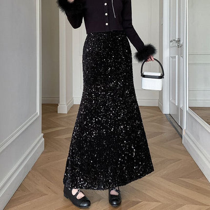 Comprar negro Falda larga de mujer elegante con lentejuelas brillantes