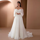 Dress Party long or Wedding pleated chiffon, off-the-shoulder sleeves