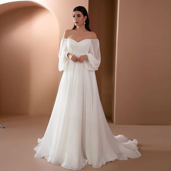 Dress Party long or Wedding pleated chiffon, off-the-shoulder sleeves