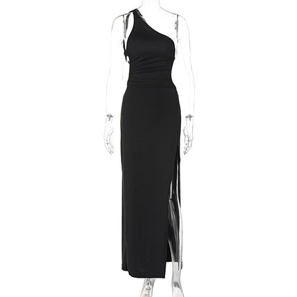 Buy black Women's dress long split elegant lace-up and backless