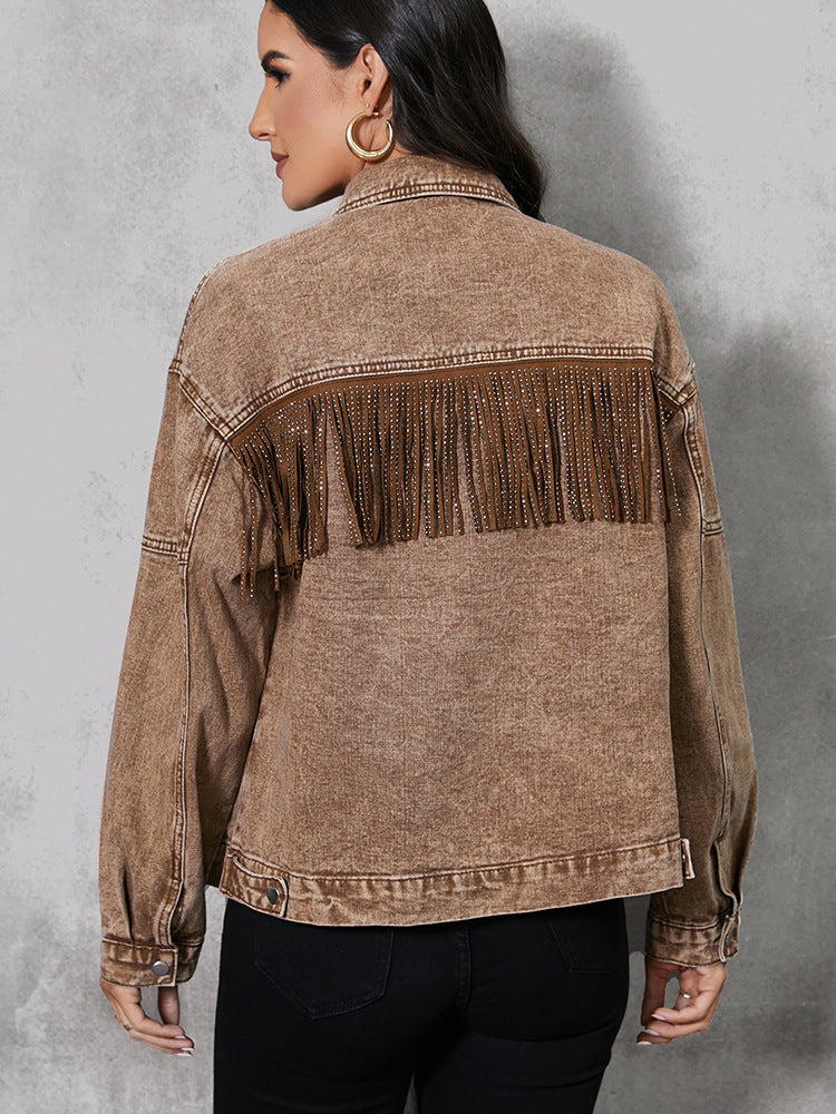 Women's jacket denim fringed elegant brown in rhinestones