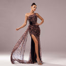 Women’s Gowns Sequined Elegant One Shoulder Leopard Evening Dress