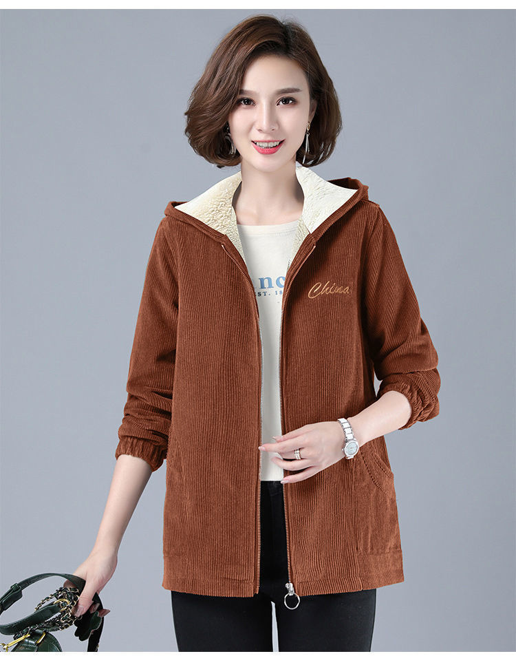 Women's coat corduroy thick fleece lined elegant hooded warm