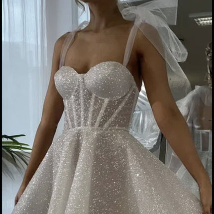 Women’s Short Wedding Dress Elegant Princess Corset Sparkly Tulle Gown