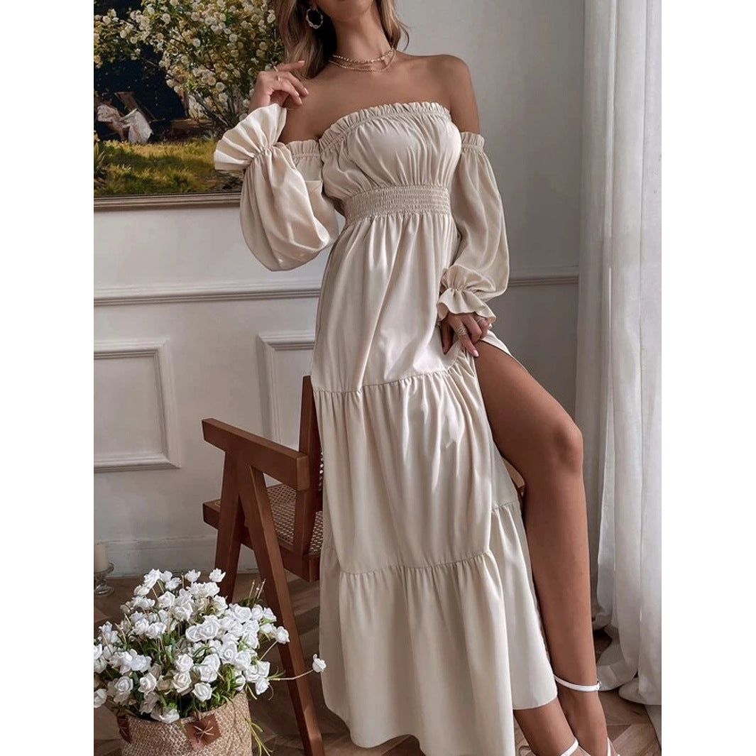 Women's maxi dress off shoulders ruffled long sleeves high slit