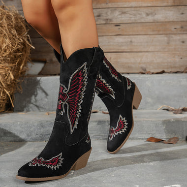 Women’s Boots Elegant Suede Embroidery Mid Heel Knight Cowboy Style Large Size - 0