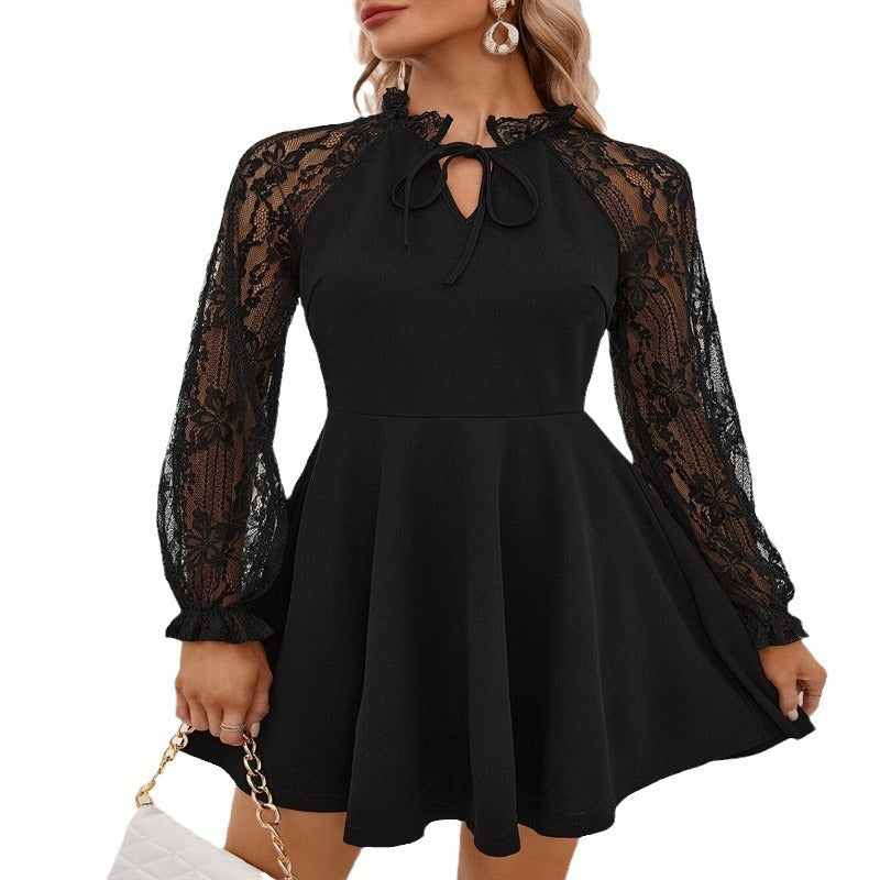 Women's short dress in contrasting lace knotted collar long sleeves