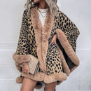 Women's Cape Cardigan with fur collar leopard print coats elegant thick warm