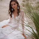 Women’s Beach Wedding Dress Elegant V-Neck Puff Sleeve Mesh Boho Gown with Appliques-4