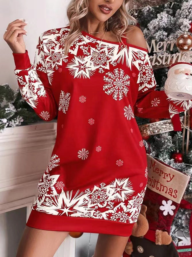 Women's Christmas dress snowflake print long sleeves sloping shoulders