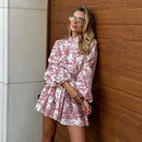 Elegant Boho Trapeze Dress women Printed with Puff Sleeves