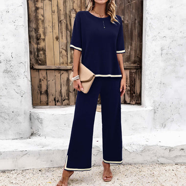 Women's Sets Elegant Striped Knitted Sexy top Straight Trousers