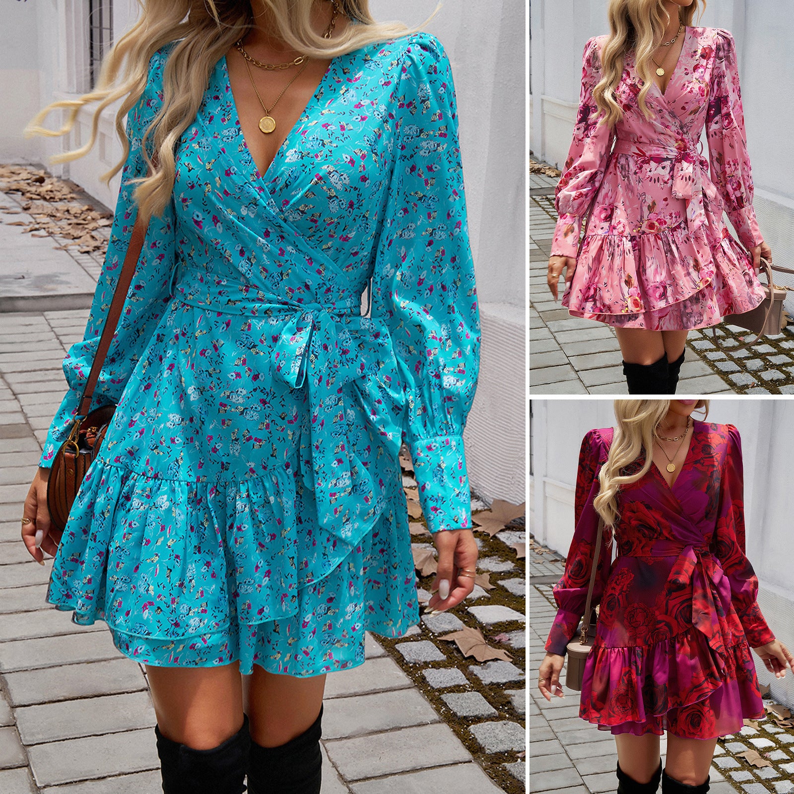 Women's Mini Dress gathered printed elegant lantern sleeves