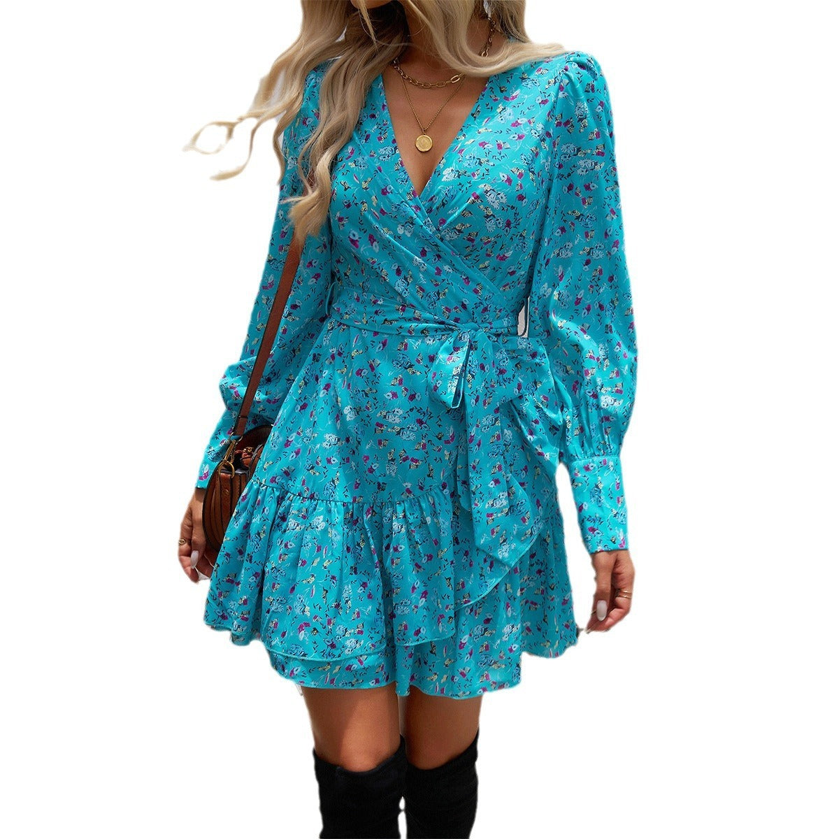 Women's Mini Dress gathered printed elegant lantern sleeves