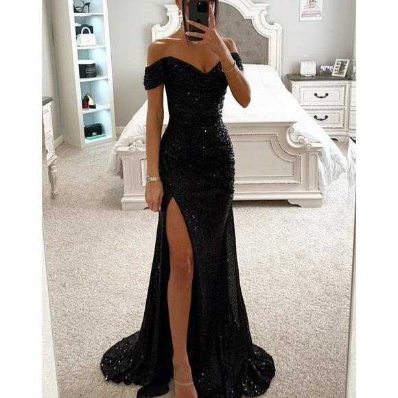 Women's Elegant Split Sequin Evening Dress Off Shoulder