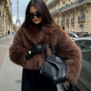Women's Elegant Faux Fur Coat Shawl Collar Fluffy Plush Short Jacket-5