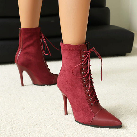 Women's Short Boots High Heels Elegant Pointed Knight Drawstring