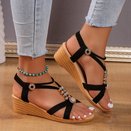 Women's sandals beaded wedge elegant bohemian, Stretchy