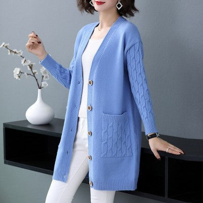 Women's Cardigan knitted pocket solid color elegant, long sleeves, v-neck