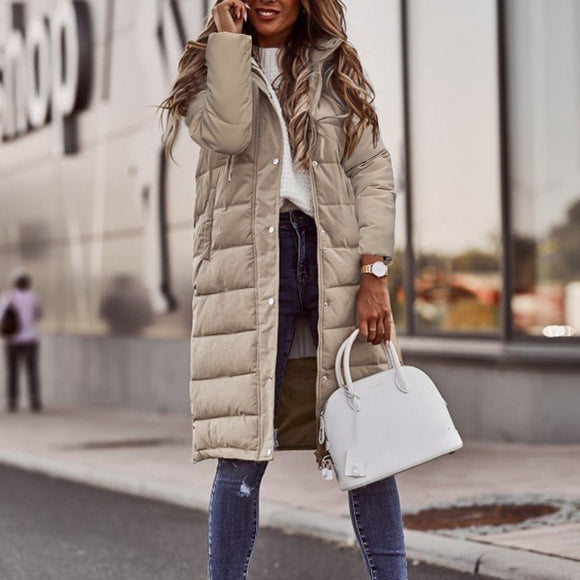 Women's coats mid-length winter warm hoodie long sleeves buttoning