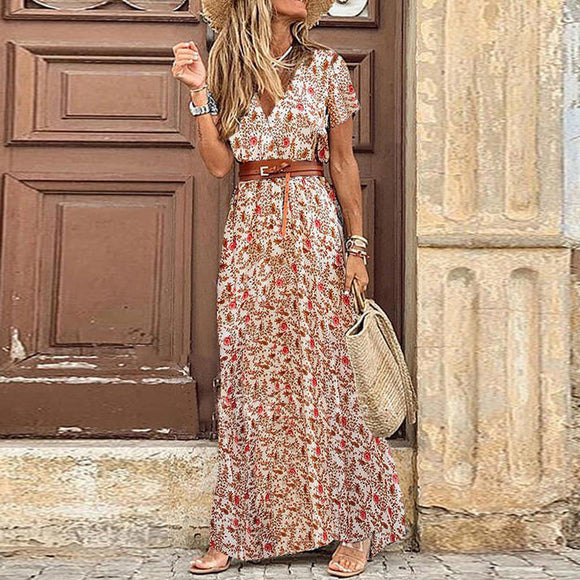 Bohemian Style Maxi Dress, floral print, elegant vintage, Dress with Belt Clothing