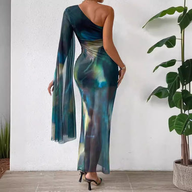 Women's Sexy Maxi Dress Bodycon Slit Elegant Off-the-Shoulder Tie-Dye