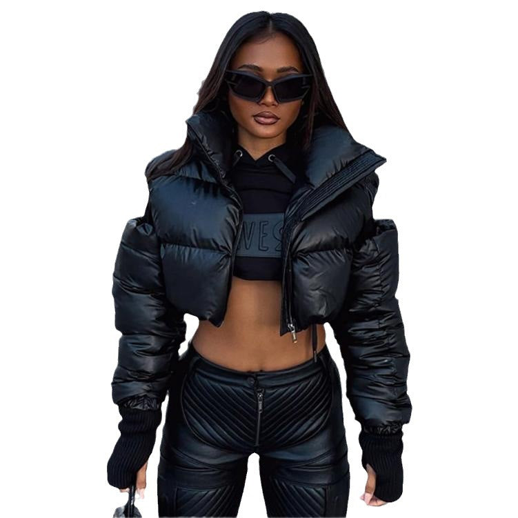 Women's jacket short puffy quilted elegant off the shoulder zipper