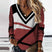Women's T-shirt long-sleeved v-neck, contrast color, geometric print