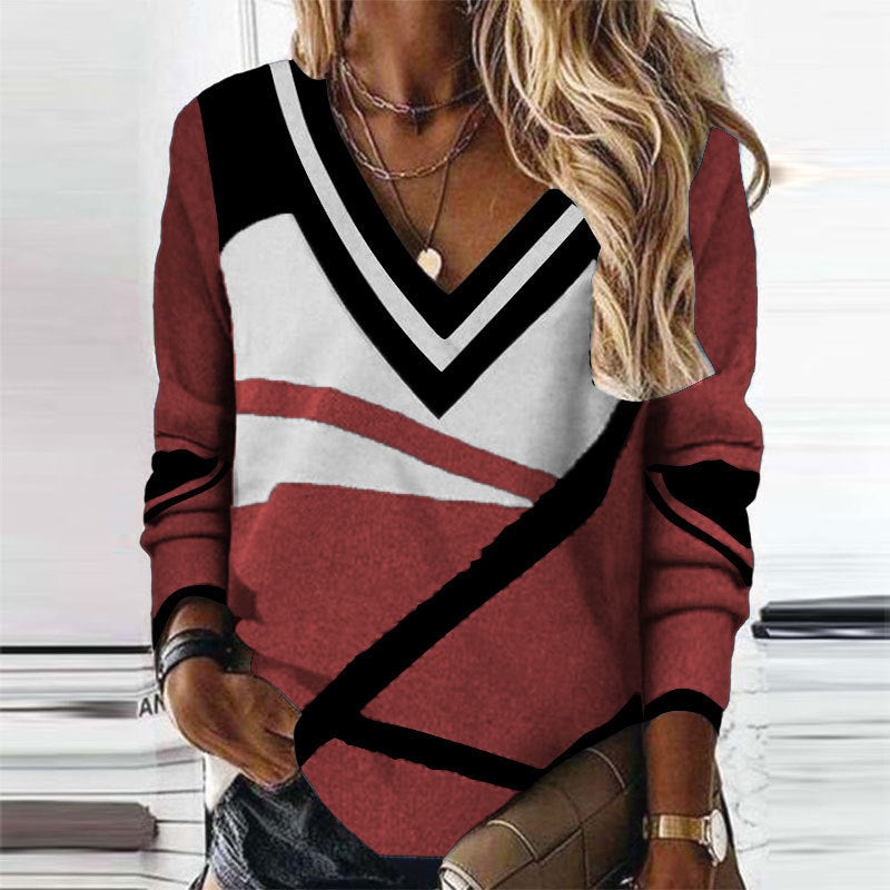 Women's T-shirt long-sleeved v-neck, contrast color, geometric print