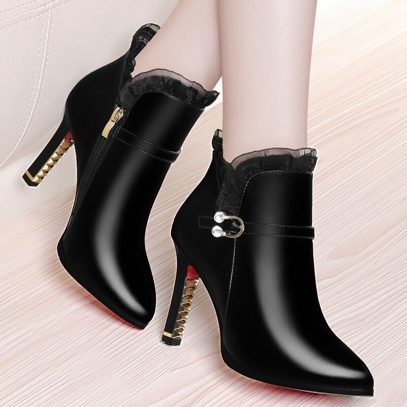 Women's Boots high heel leather with round toes elegant confortable