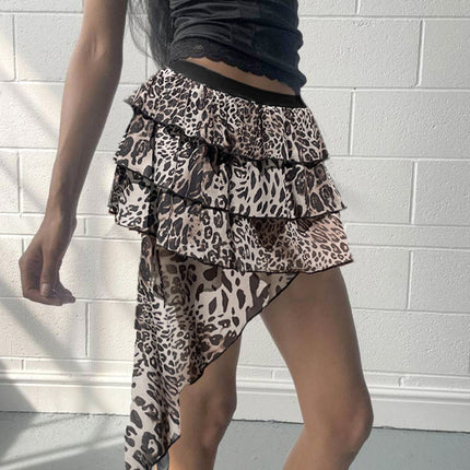 Falda de mujer con estampado de leopardo sexy irregular estilo cruzado