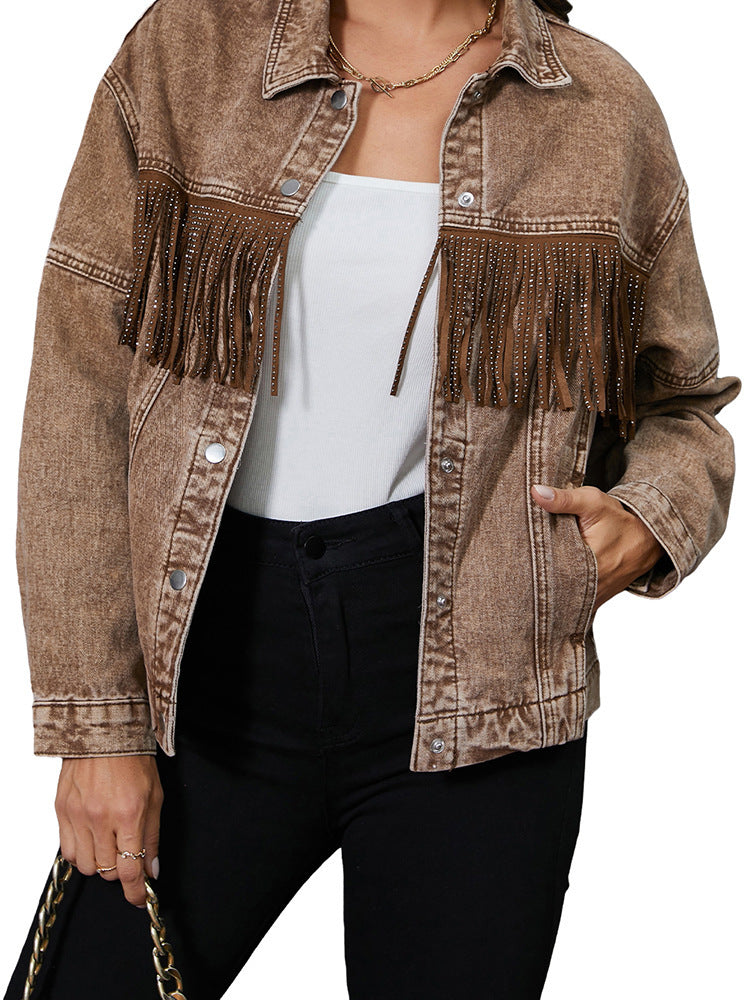 Women's jacket denim fringed elegant brown in rhinestones